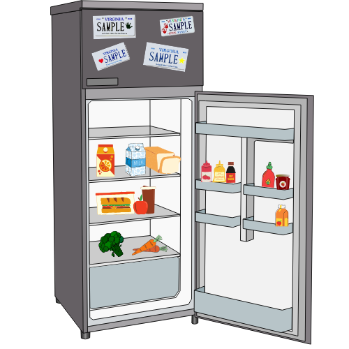 a graphic of a refrigerator, the door is open with various groceries inside and on the outside of the fridge are magnets of FACT's license plates 