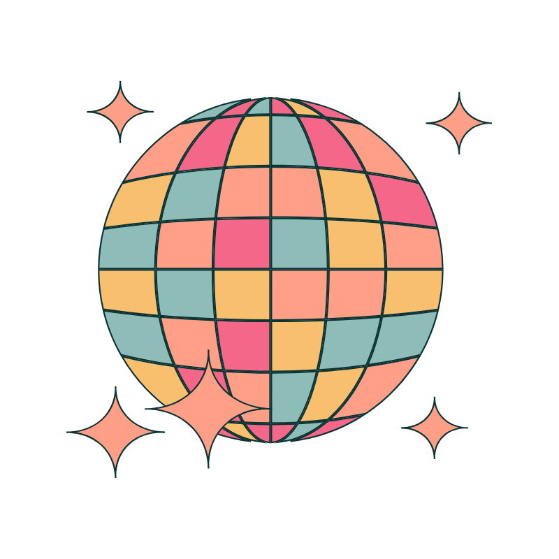Disco ball icon representing Decades of Devil Pride