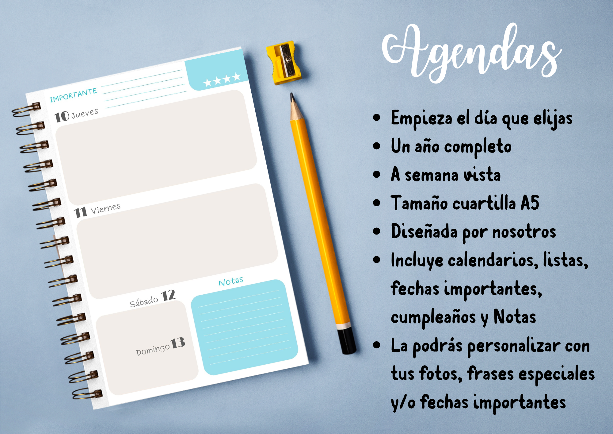 agenda abierta con textos sobre un fondo azul