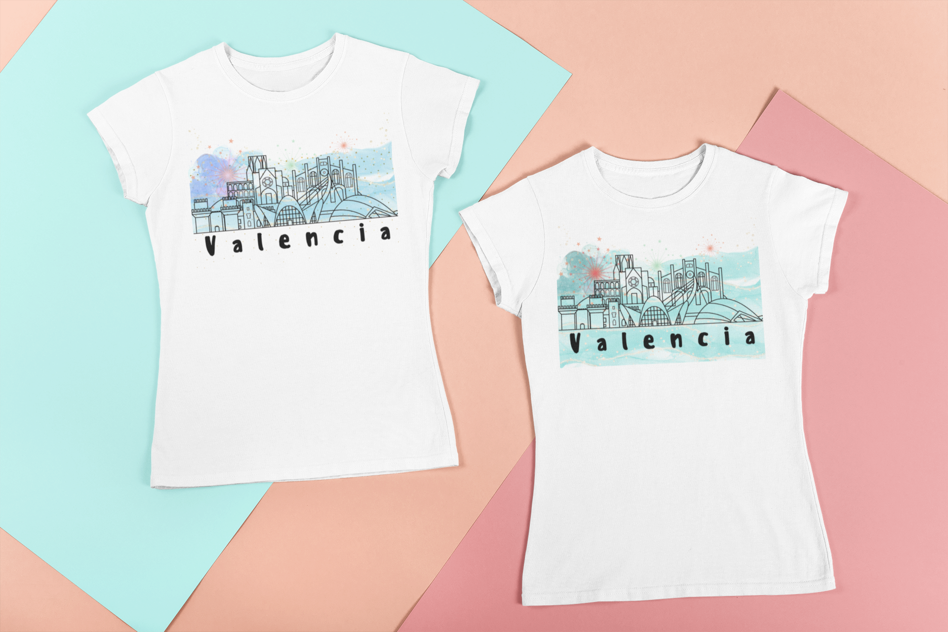 2 camisetas blancas con un diseño de vlencia ciudad sobre un fondo rosa y azul