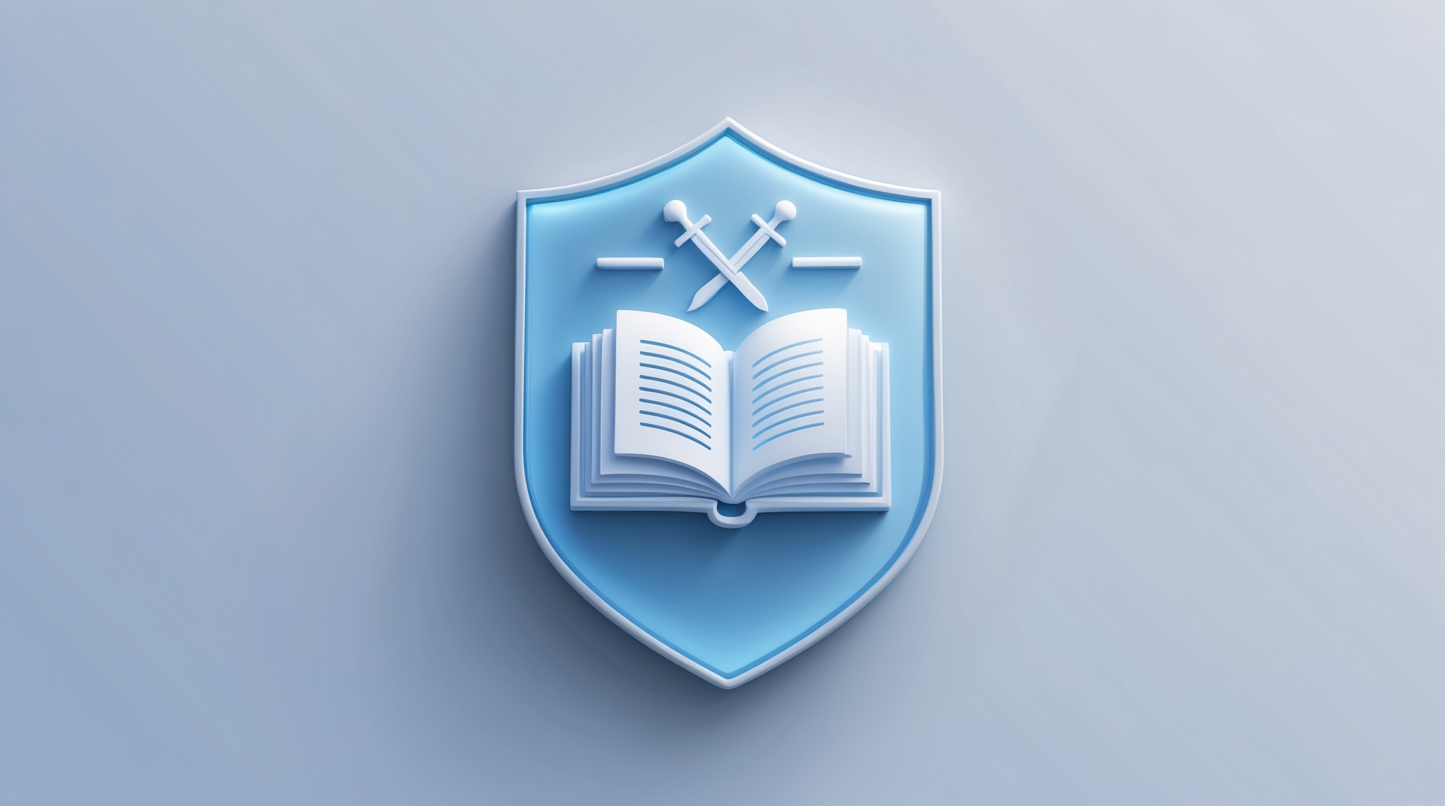 A simple shield icon with a clean, minimalist design. Inside the shield, depict a single open book with a glowing cross-swords above it