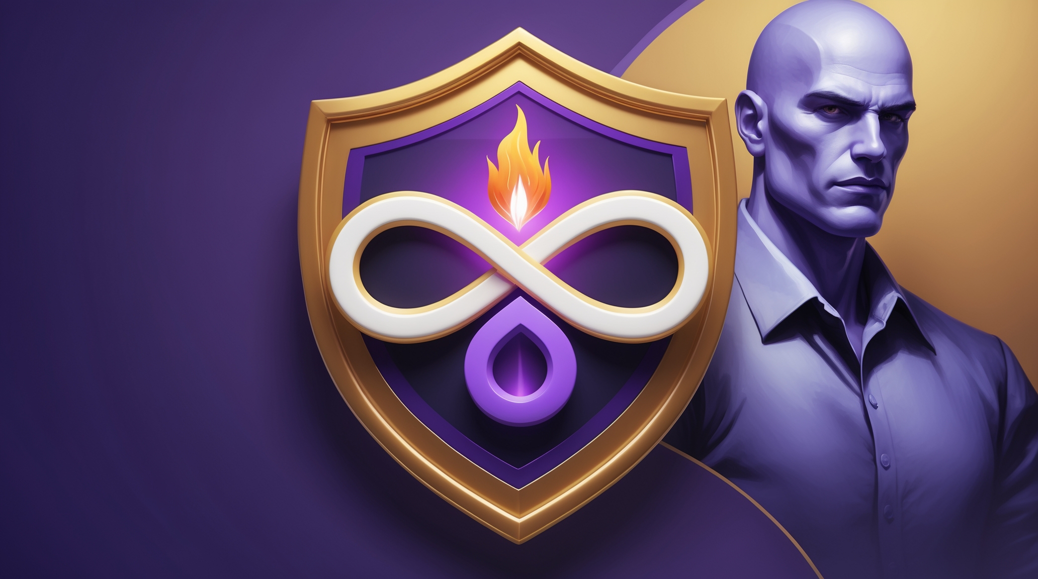 A majestic shield icon with a radiant infinity symbol in the center, representing lifetime access and eternal commitment. Inside the infinity loop, add a subtle glowing flame to signify passion and transformation.