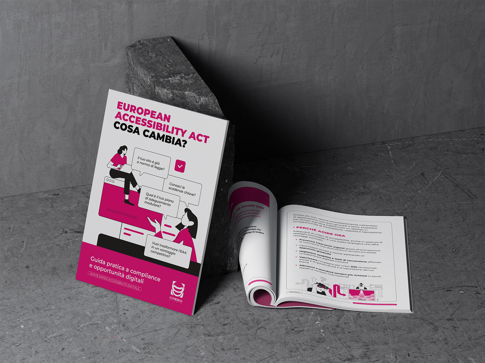 Immagine di anteprima della copertina della guida dal titolo: "European Accessibility Act: cosa cambia? Guida pratica a compliance e opportunità digitali" realizzata da Creeo Studio