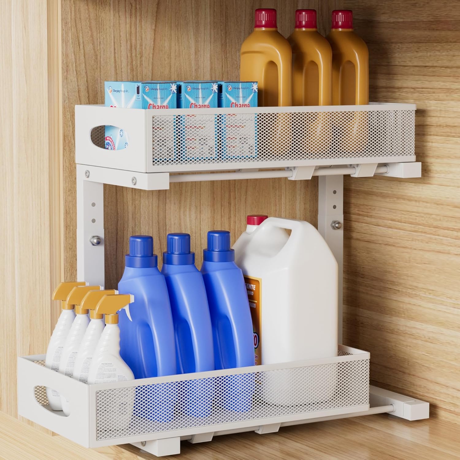 Under Sink Organizer, Metal Undersink Organizer, Large Pull Out Cabinet Organizers Sliding Drawer Shelf, Height Adjustable Storage Shelves for Kitchen