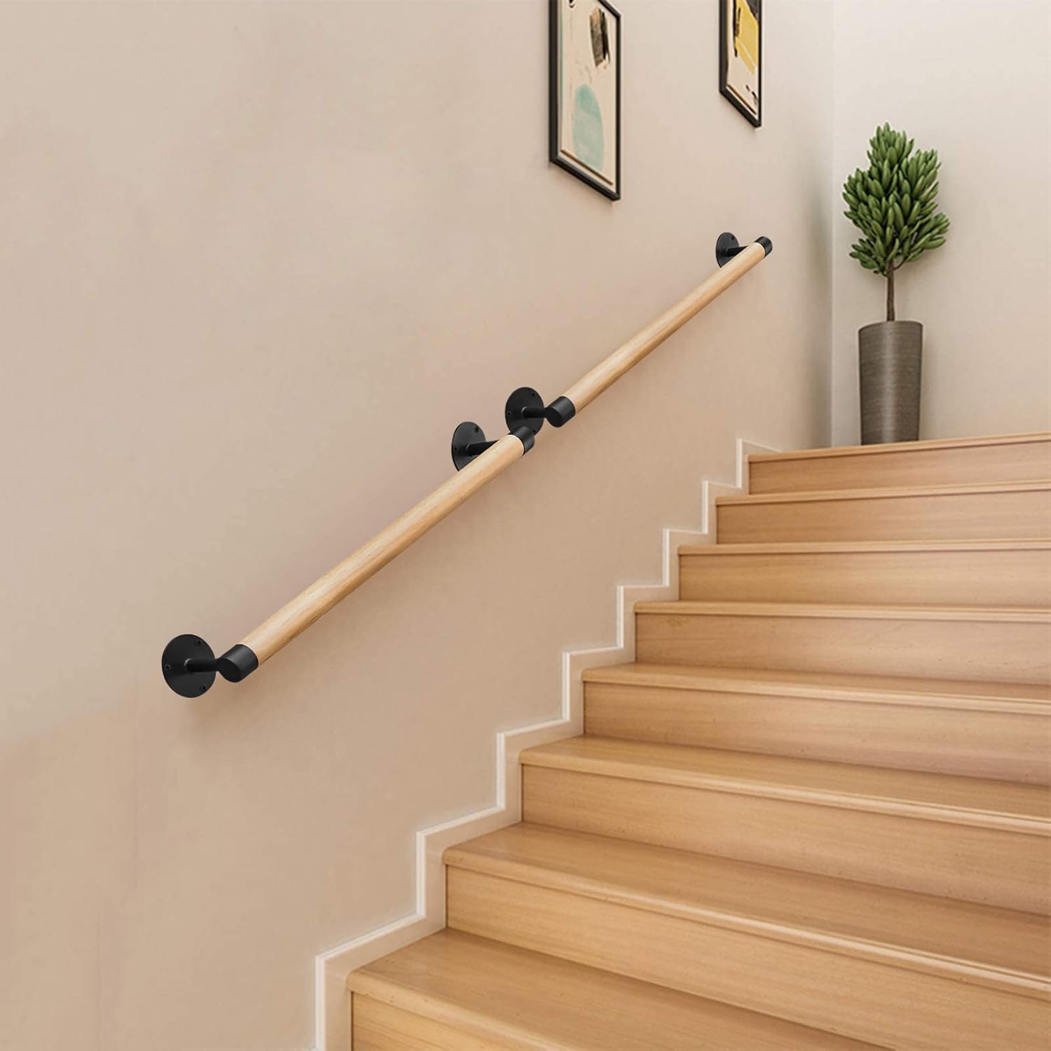 Purife 2FT Wood Hand Railing for Stairs - Wooden Handrails for Outdoor Steps, Staircase Handrail W/s Black Metal Brackets, Banister Deck Rails, Safety Grab