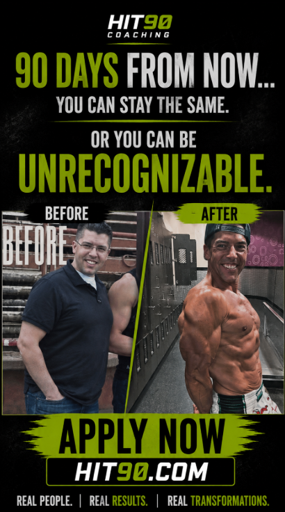 Before and after body transformation achieved through Markus Reinhardt's HIT90 High-Intensity Training coaching program, demonstrating significant muscle gain, fat loss, and physique improvement over 90 days.