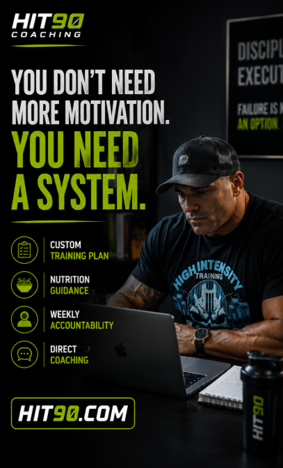 Markus Reinhardt creating a personalized HIT90 High-Intensity Training coaching program on a laptop, highlighting custom workout plans, nutrition coaching, accountability, and online fitness coaching for muscle growth, fat loss, and body transformation.