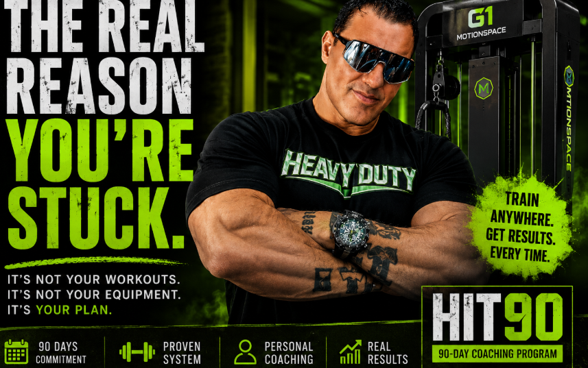 Markus Reinhardt promoting the HIT90 High-Intensity Training coaching program with the message "The Real Reason You're Stuck," explaining that personalized training, nutrition, and coaching—not more equipment—are the keys to building muscle and achieving