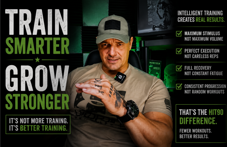 Markus Reinhardt explaining High-Intensity Training principles in a coaching video with the message "Train Smarter, Grow Stronger," discussing intelligent workout programming, muscle growth, recovery, and effective bodybuilding techniques.