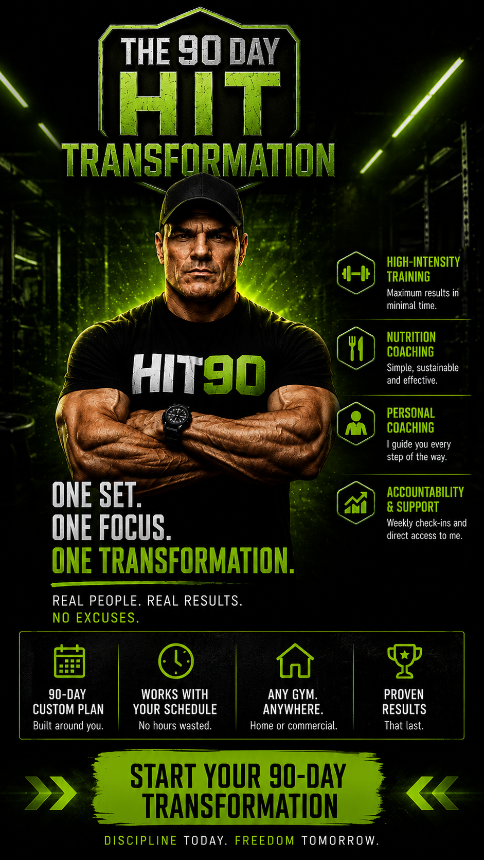 Markus Reinhardt promoting the HIT90 90-Day High-Intensity Training coaching program for muscle growth, fat loss, bodybuilding, strength training, and body transformation for men over 40.