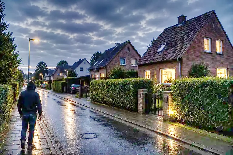 Dunkles Haus in Nordrhein-Westfalen bei Nacht mit Silhouette eines Täters