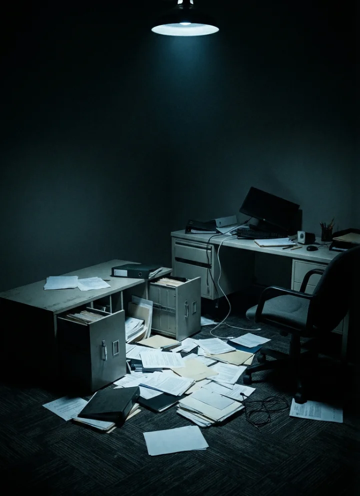 Verlassener, durchwühlter Schreibtisch nach Einbruch