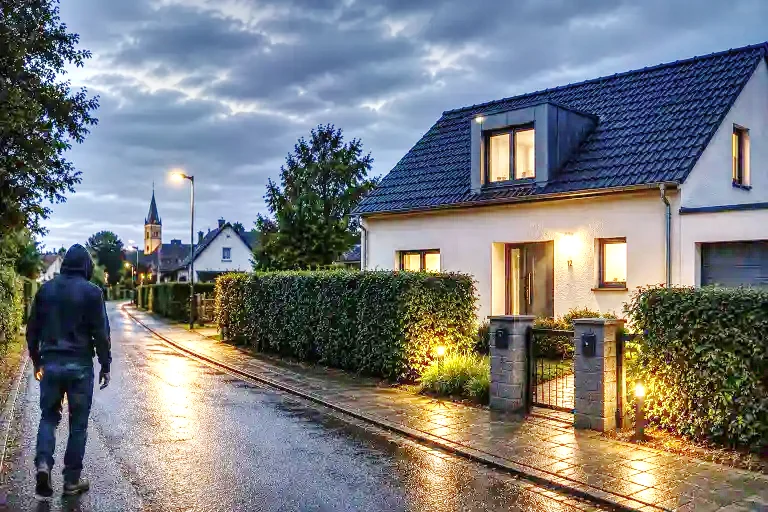 Dunkles Haus in Niedersachsen bei Nacht mit Silhouette eines Täters