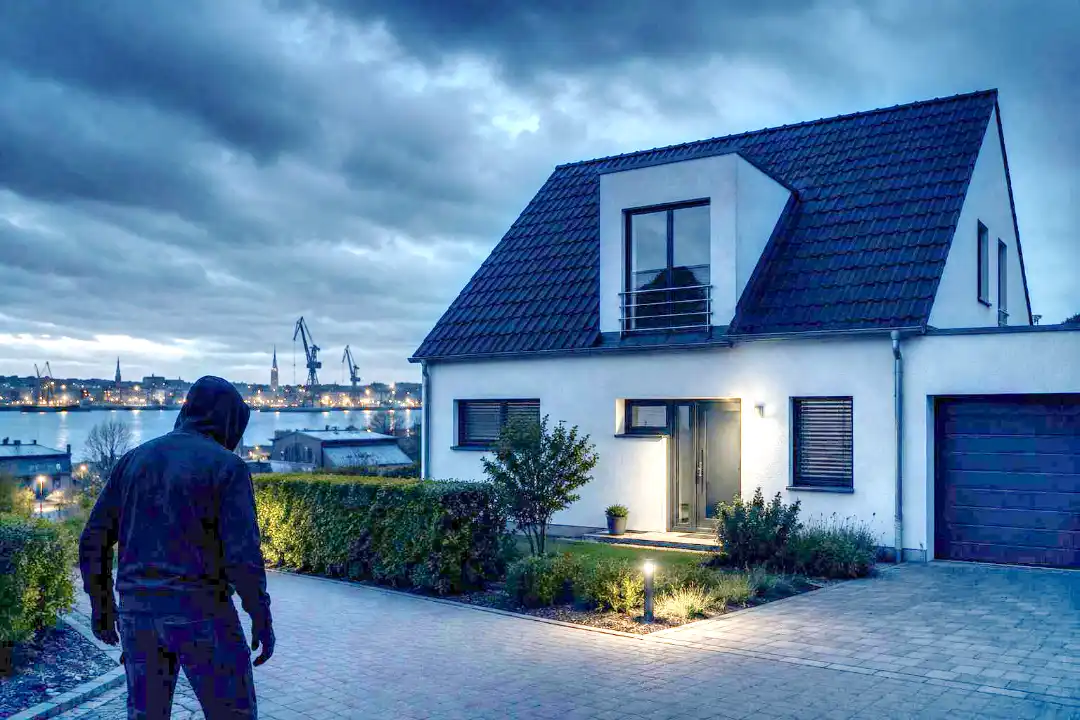 Dunkles Haus in Kiel bei Nacht mit Silhouette eines Täters
