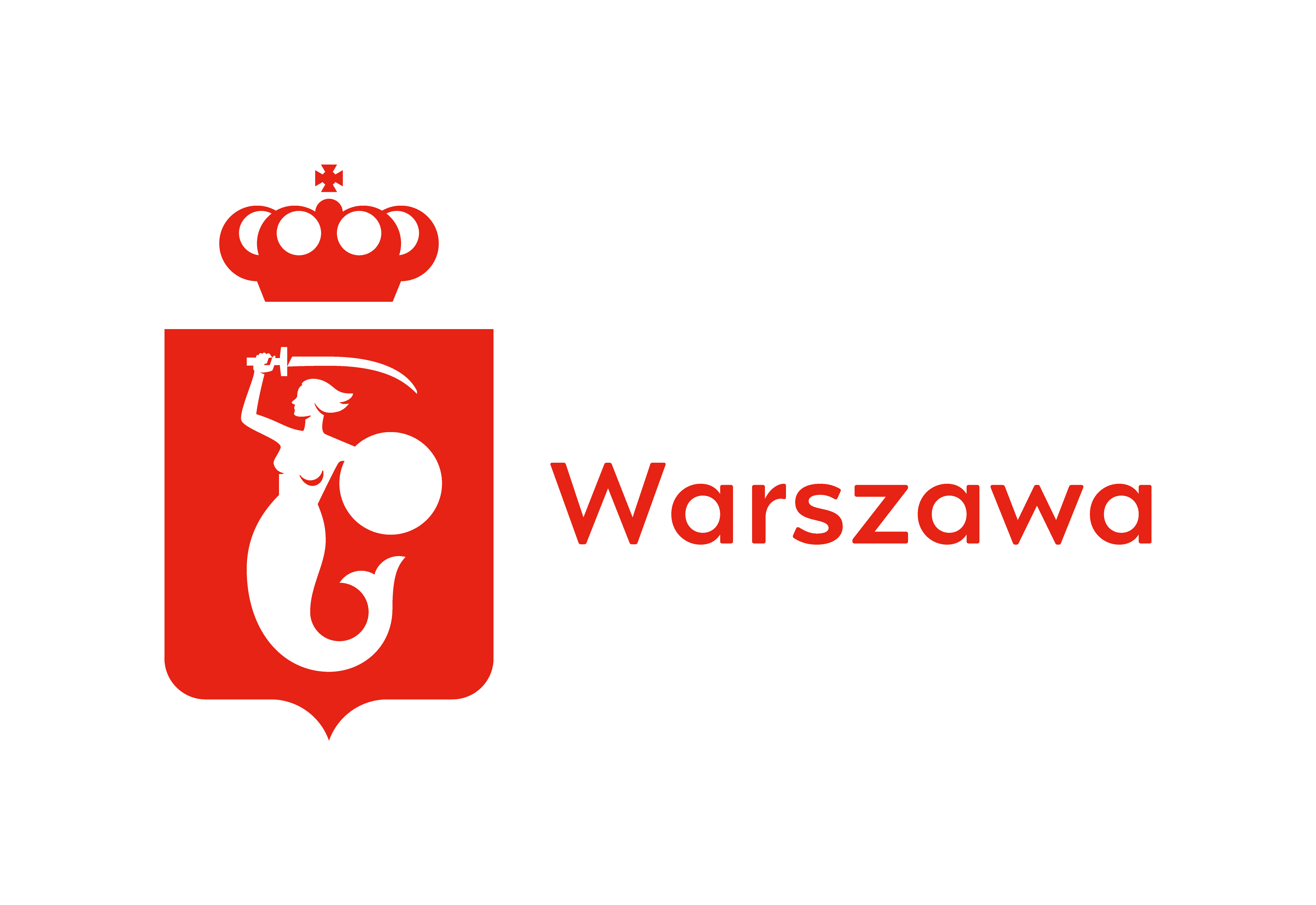 Znak promocyjny miasta Warszawy, przedstawia syrenę z tarcza oraz mieczem, Nad nią widoczna jest korona. Obok znajduje się napis Warszawa.