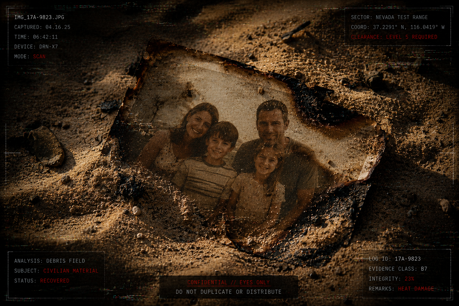 Burned family photograph half-buried in desert sand