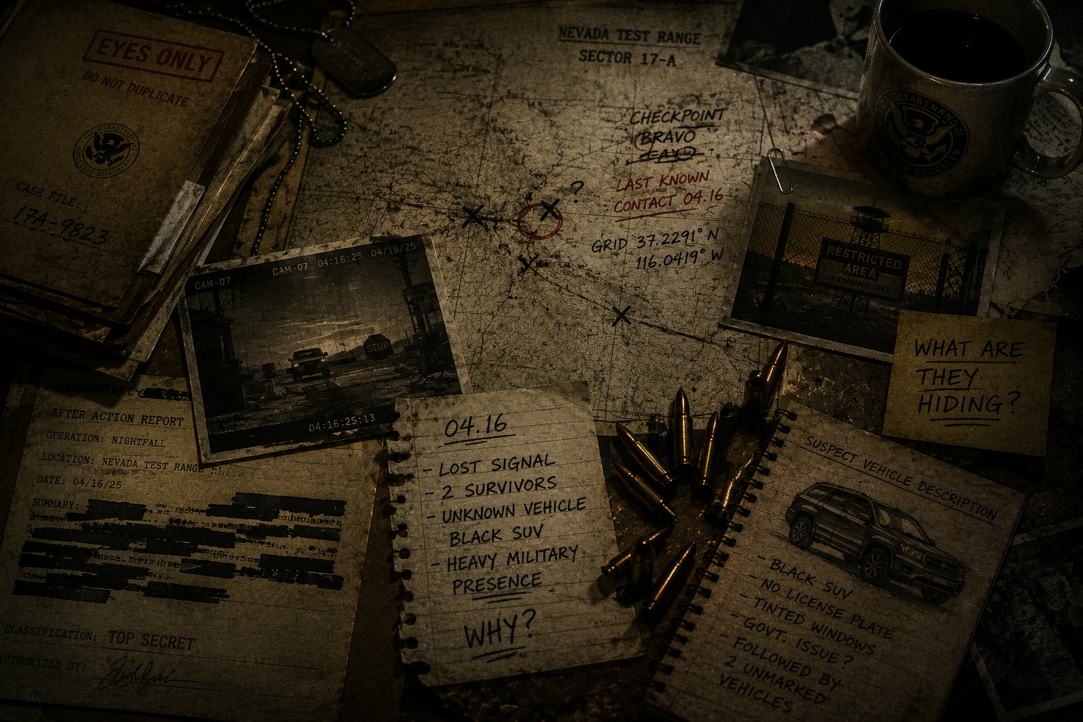 Evidence table with maps, bullets, and handwritten notes
