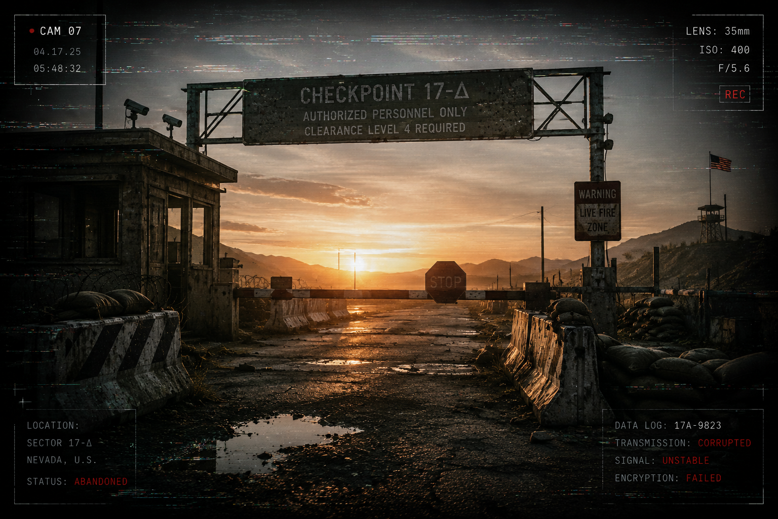 Abandoned roadside checkpoint at sunrise