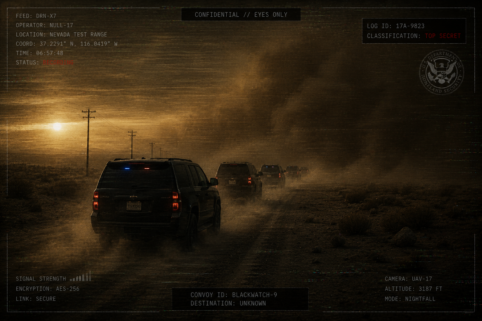 Black government SUV convoy disappearing into dust storm