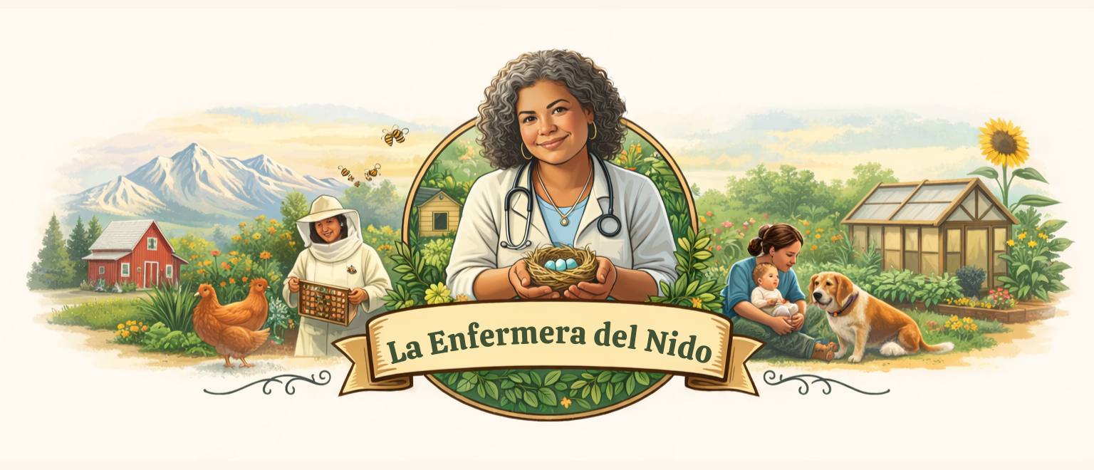 Banner de La Enfermera del Nido con granja, abejas, gallinas, familia y perro