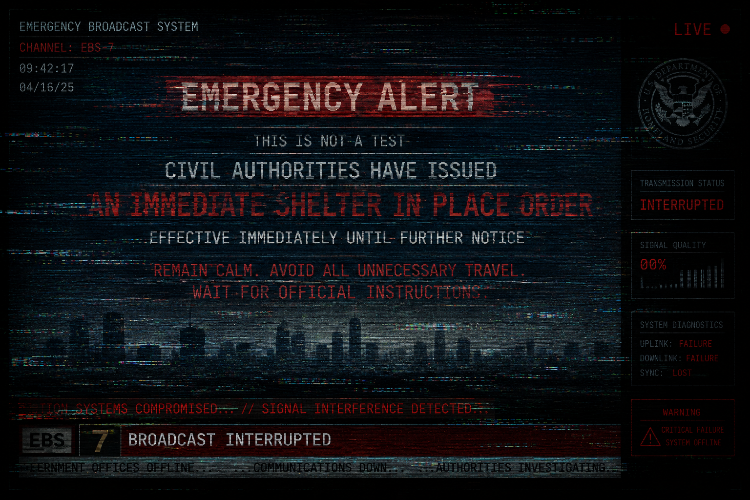 Emergency broadcast screen interrupted mid-warning