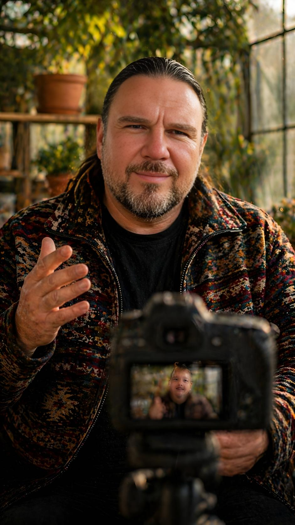 Sean O'Leary vlogging in the greenhouse