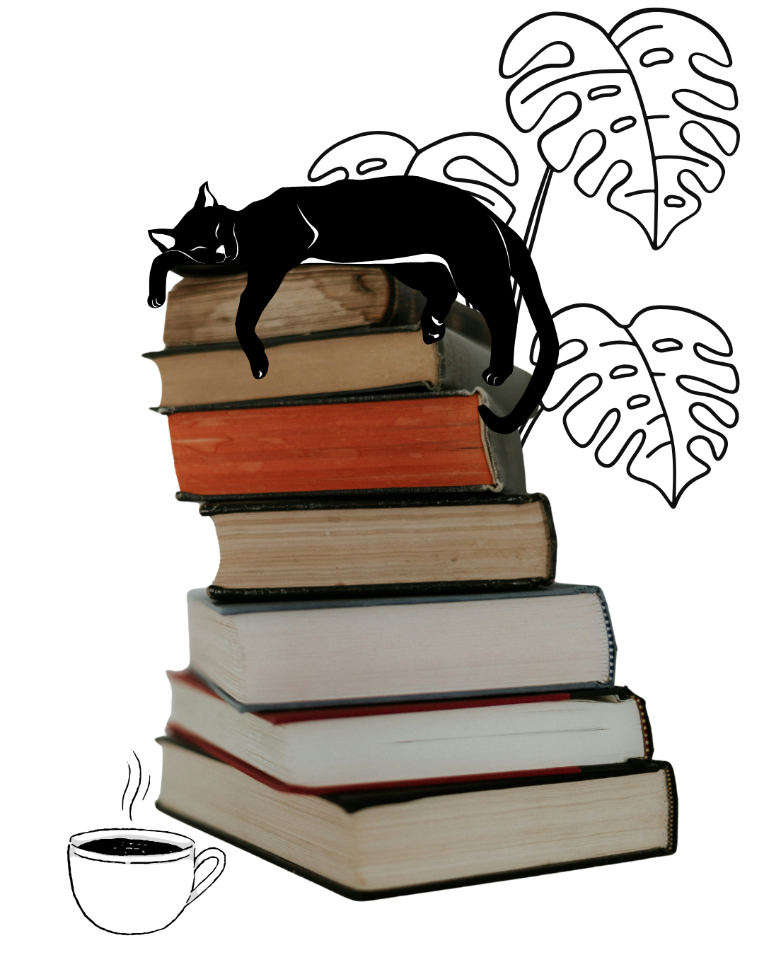 A collage of a photo of a pile of books and black and white line drawings of a cat, a plant pot, and a cup of tea.