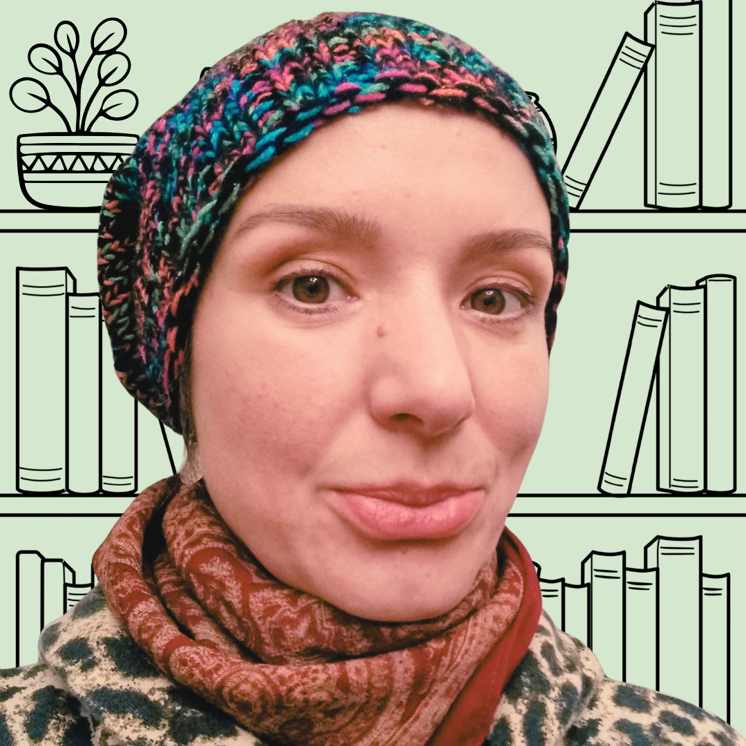 Photo of Gosia with a background of a hand-drawn bookshelf.