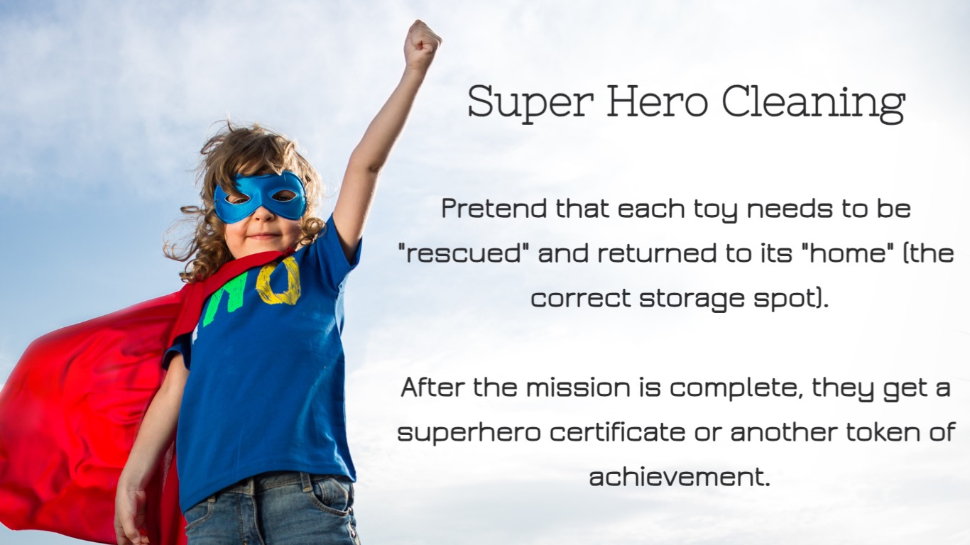 kid dressed as superhero with red cape and arm outstretched with Super Hero Cleaning Game