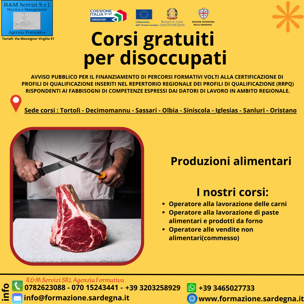 locandina corso di formazione sulle produzioni alimentari gratuito per disoccupati finanziato dalla regione Sardegna