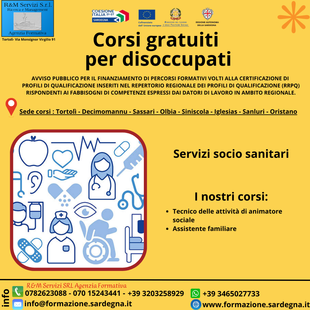 locandina corso di formazione sui servizi socio sanitari gratuito per disoccupati finanziato dalla regione Sardegna