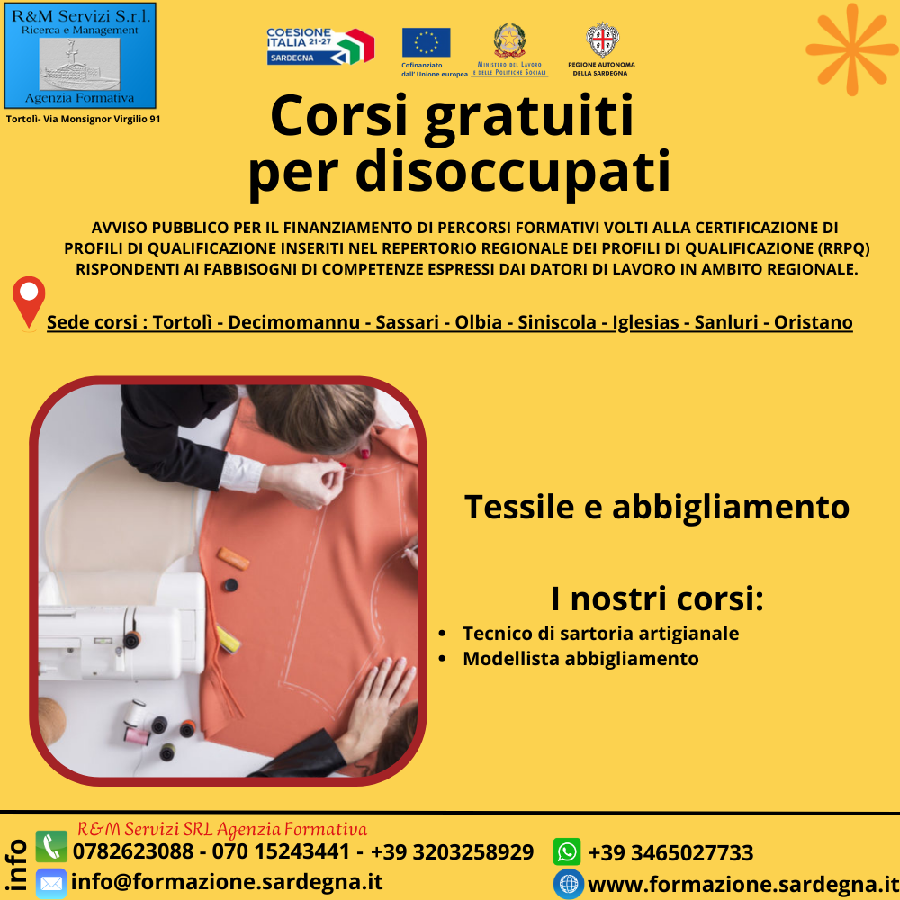 locandina corso di formazione tessile e abbigliamento gratuito per disoccupati finanziato dalla regione Sardegna
