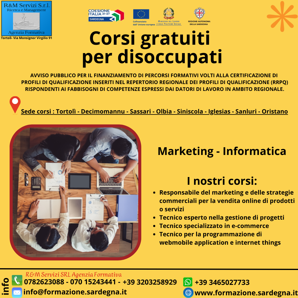 locandina corso di formazione su marketing-informatica gratuito per disoccupati finanziato dalla regione Sardegna