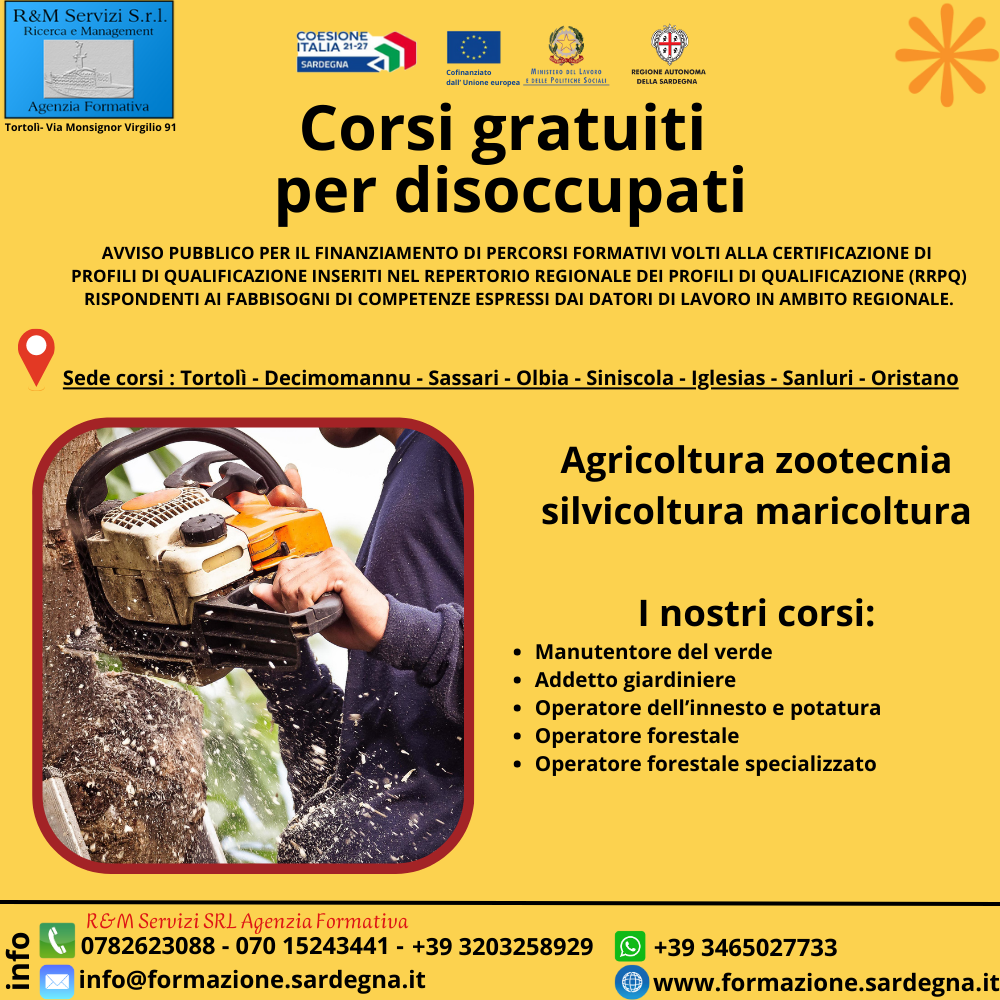 locandina corso di formazione sul agricoltura zootecnica silvicoltura maricoltura gratuito per disoccupati finanziato dalla regione Sardegna