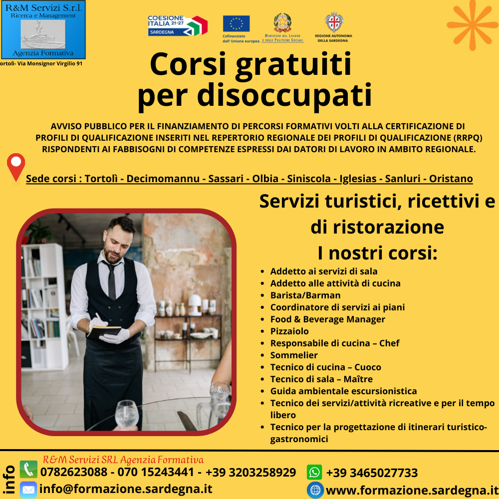locandina corso di formazione sui servizi turistici, ricettivi e di ristorazione gratuito per disoccupati finanziato dalla regione Sardegnao