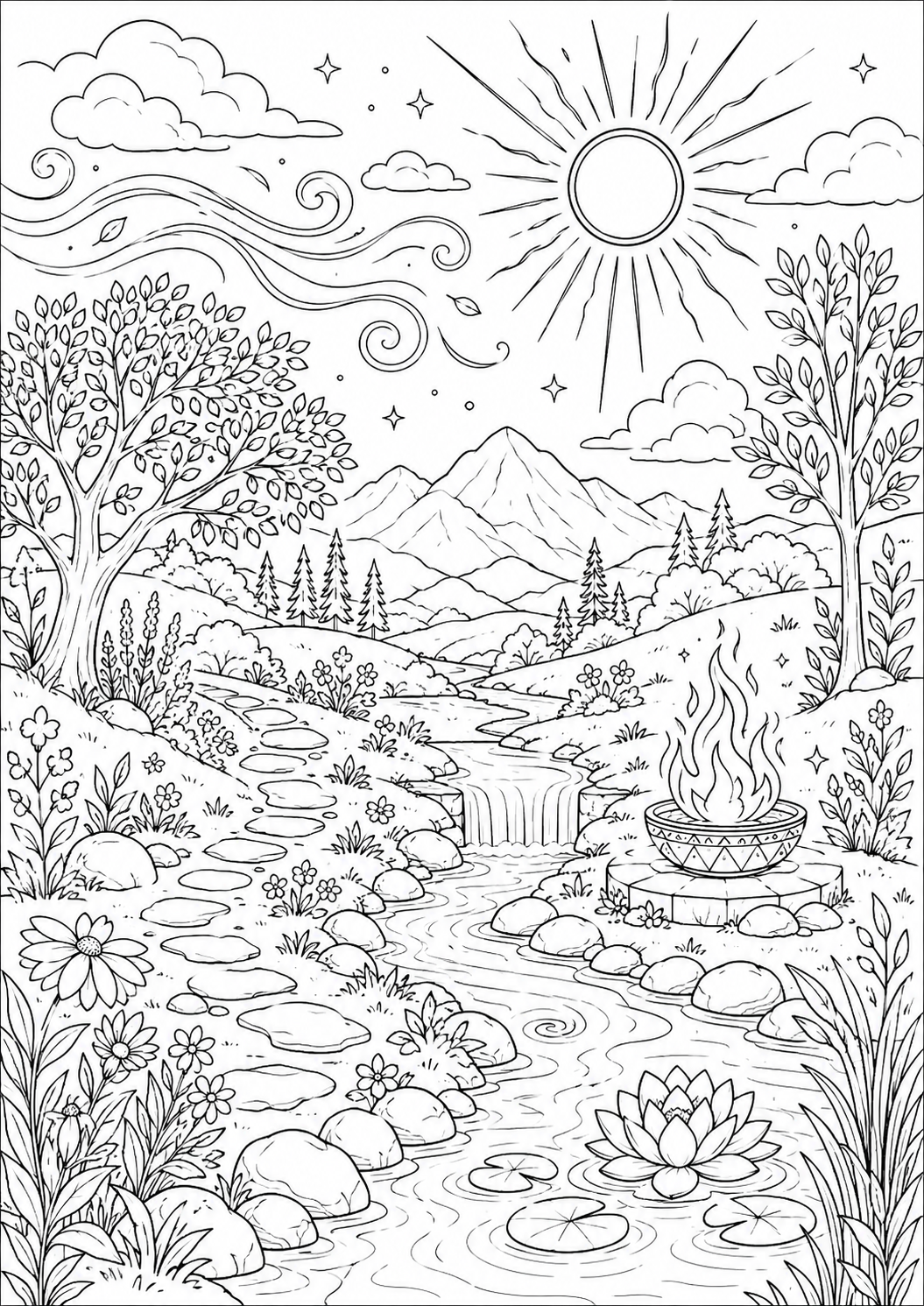 Ausmalbild mit einer Landschaft und den vier Elementen Luft, Wasser, Erde und Feuer