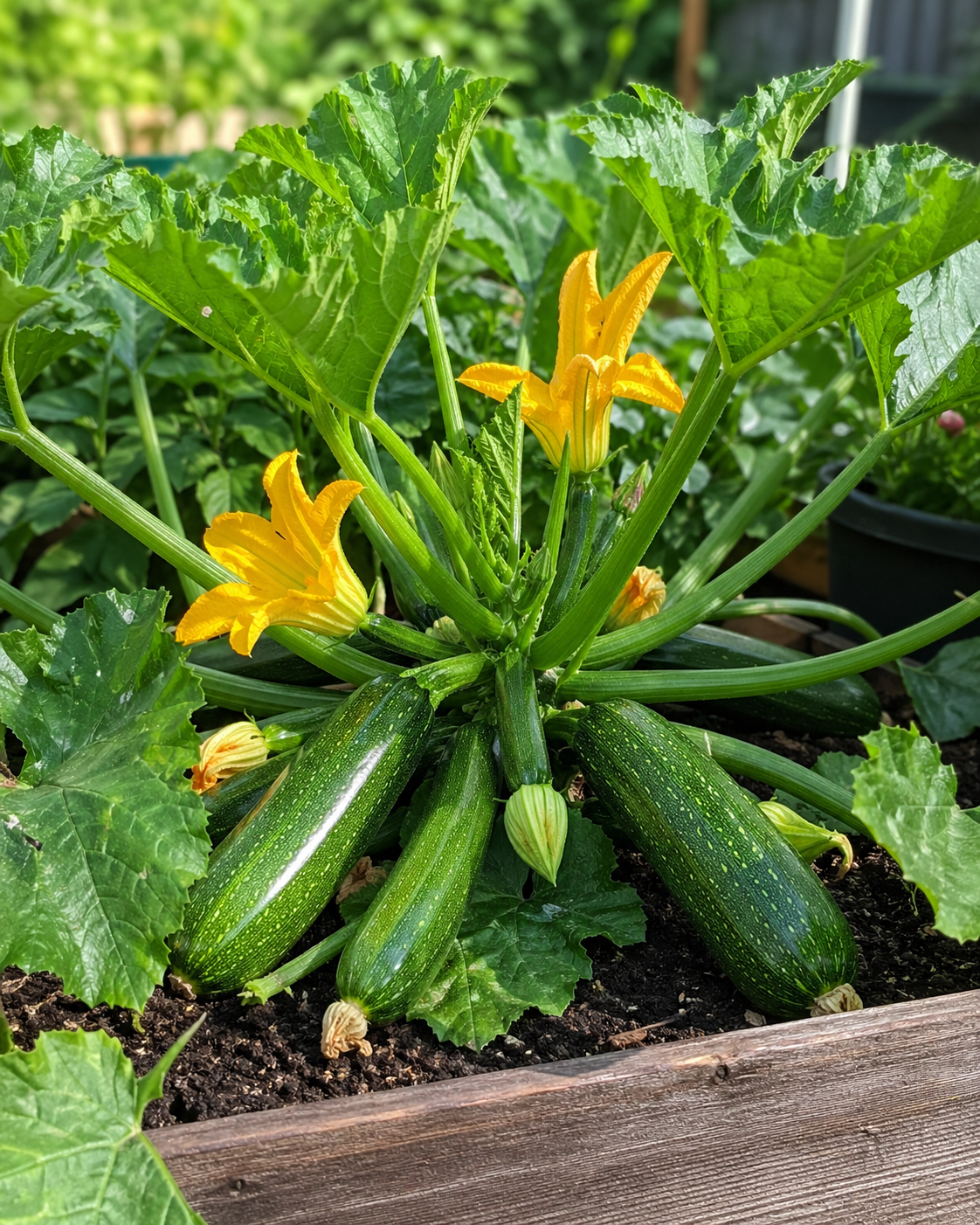 Courgettes growing in a raised bed