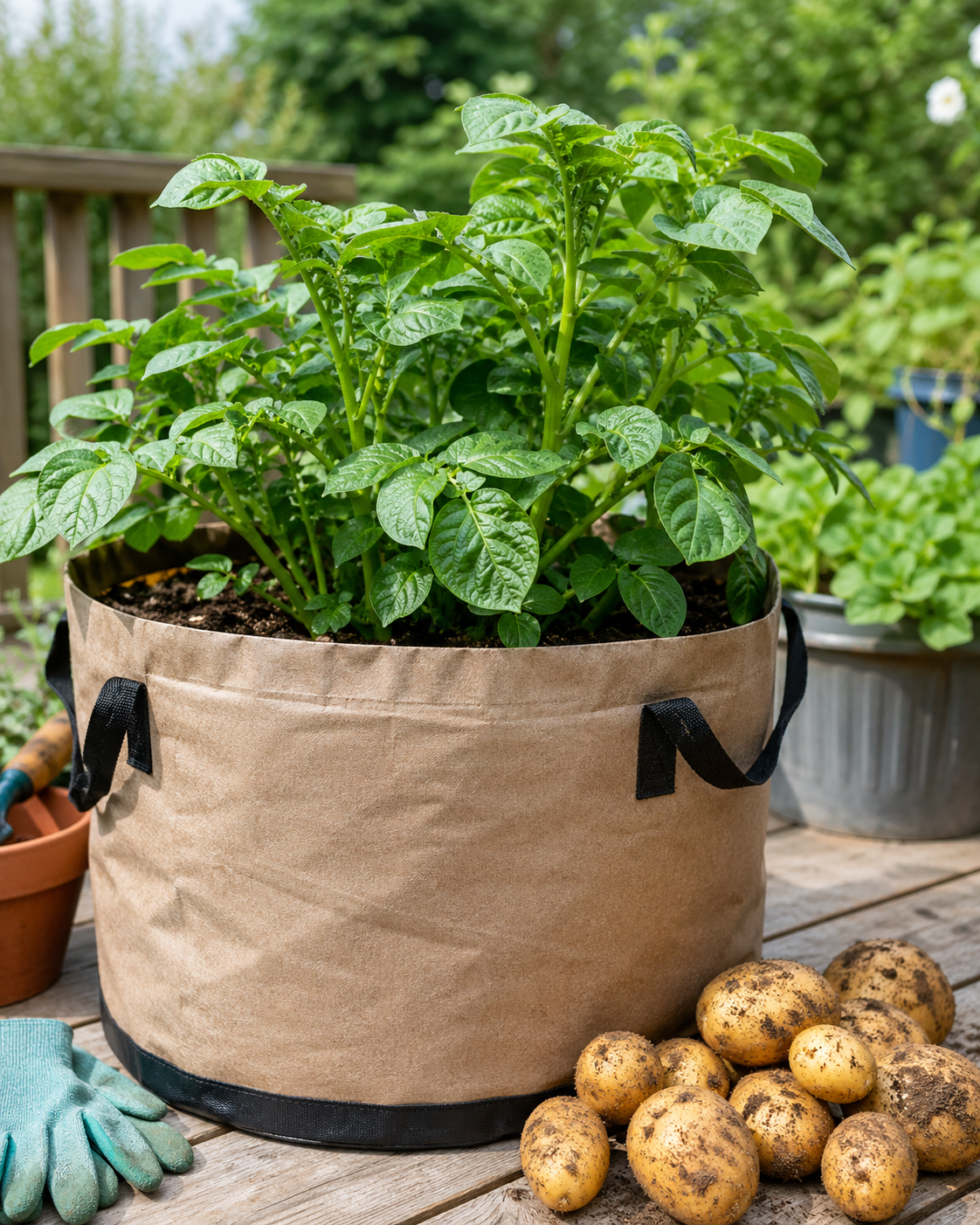 Potatoes growing in a fabric grow bag