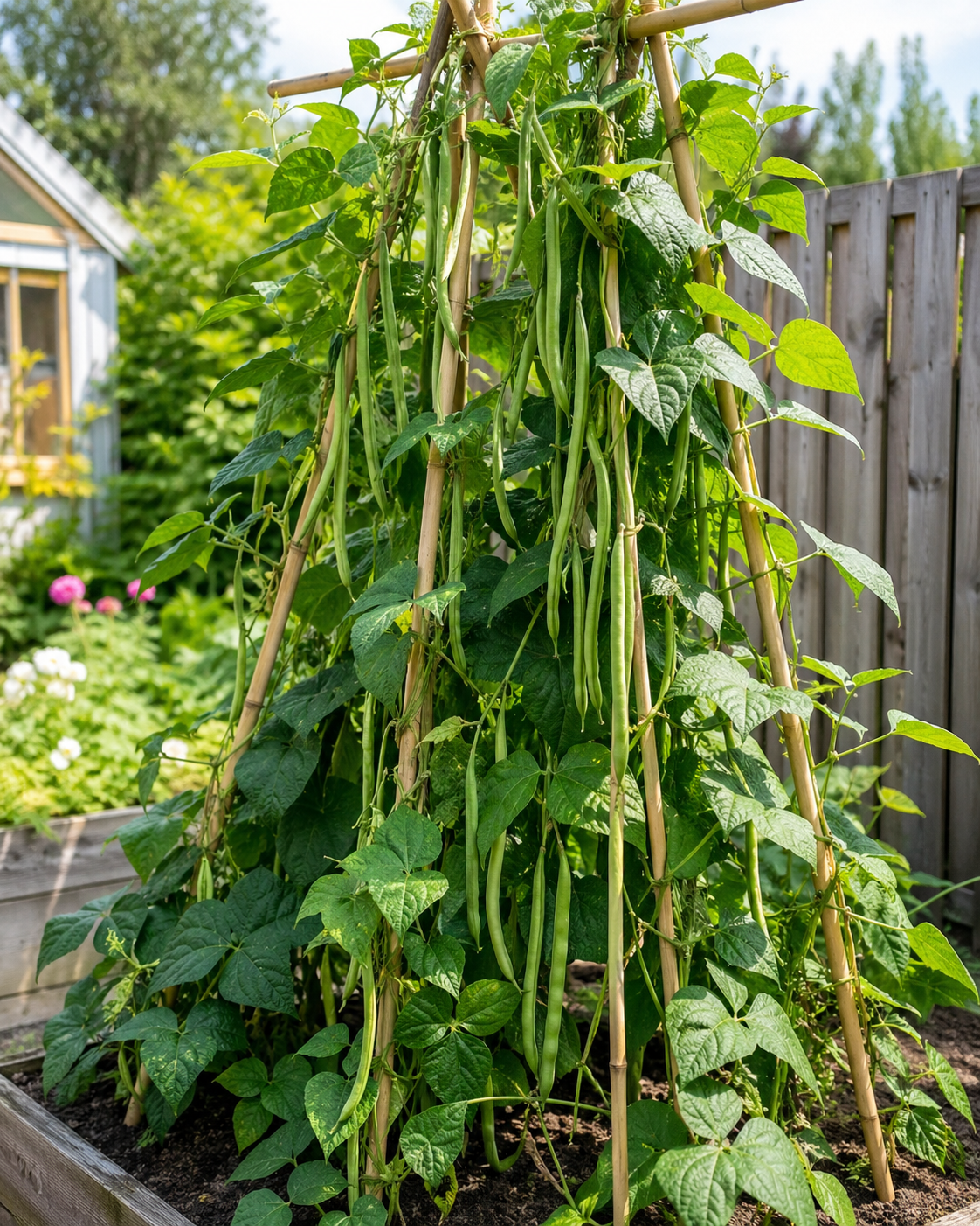 Runner beans growing up canes
