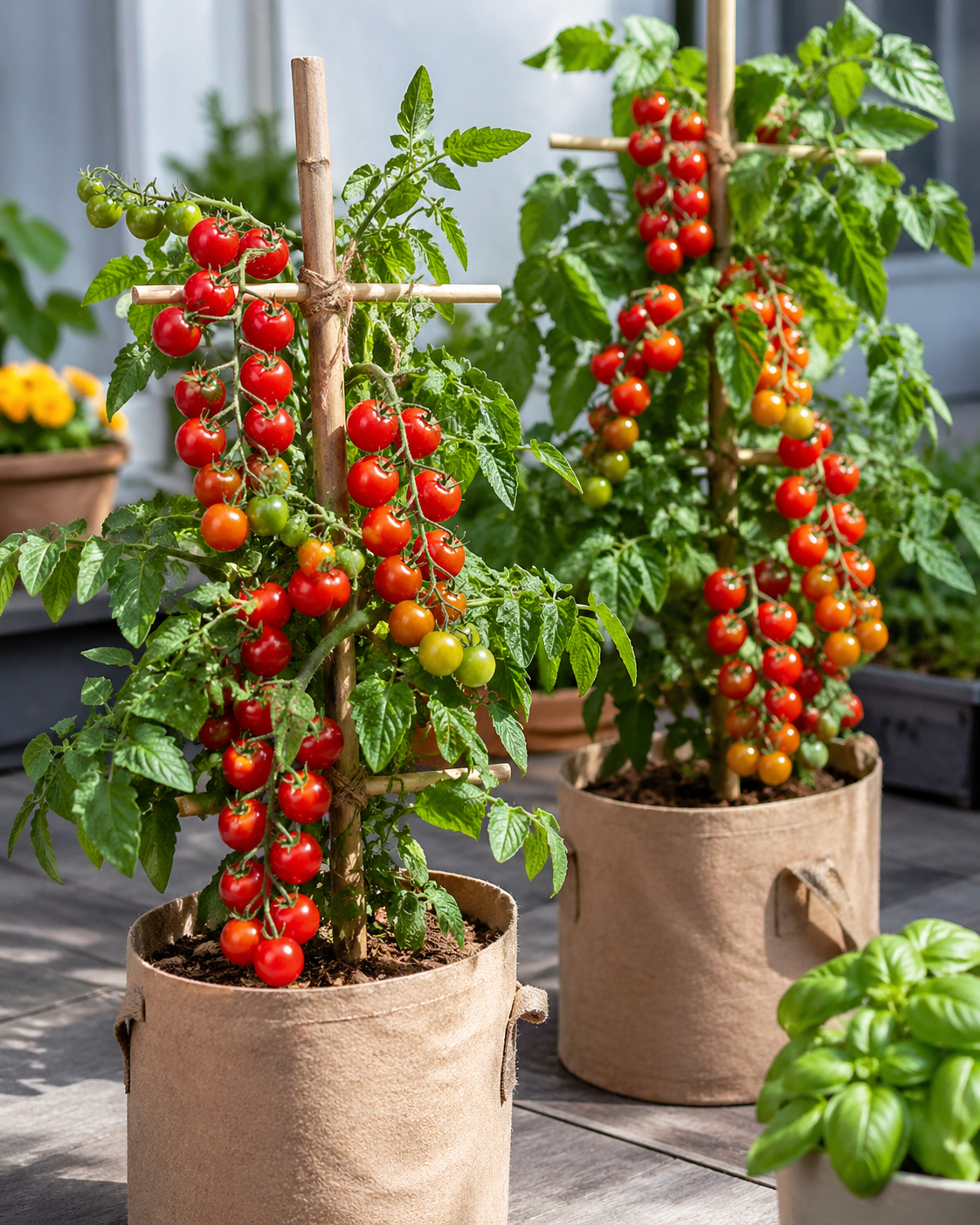 Tomatoes growing in containers