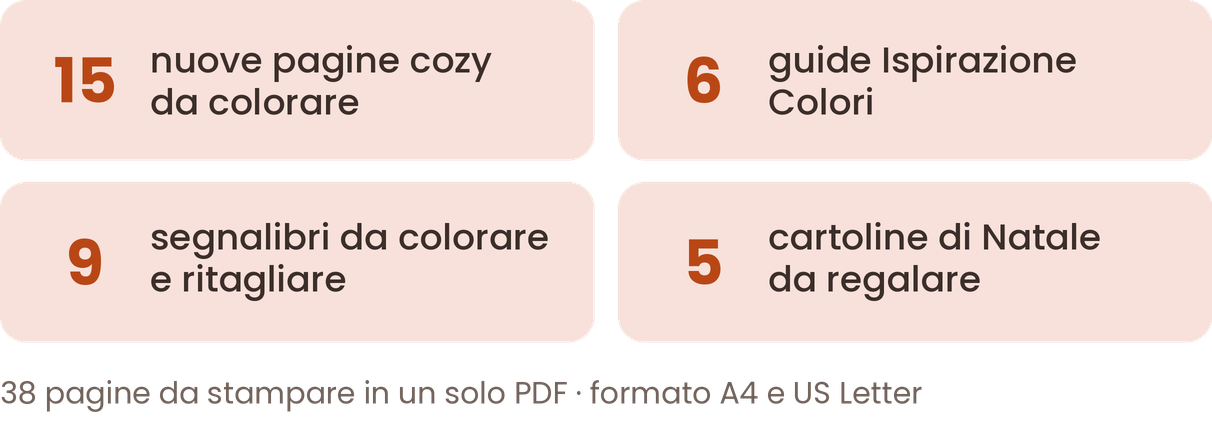 Cosa contiene: 15 nuove pagine cozy da colorare, 6 guide Ispirazione Colori, 9 segnalibri da colorare e ritagliare, 5 cartoline di Natale da regalare. 38 pagine da stampare in un solo PDF, formato A4 e US Letter.