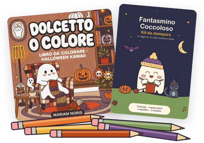 Copertina del libro da colorare Dolcetto o Colore di Mariam Noris e del Kit Fantasmino Coccoloso gratuito, con matite colorate