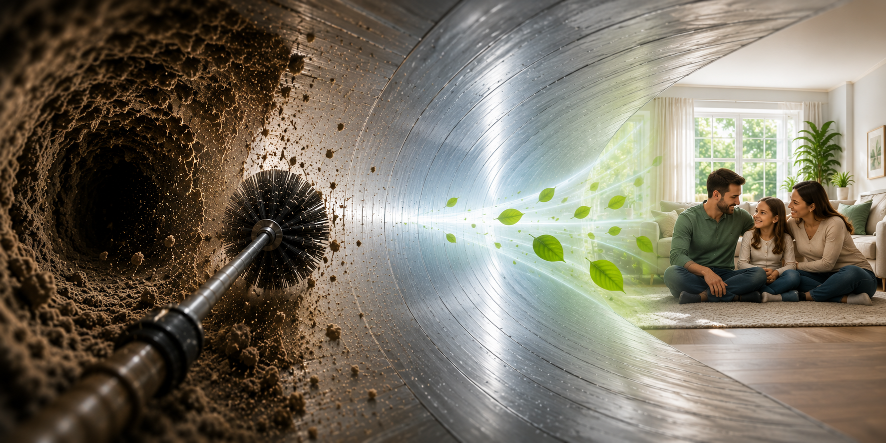 Air duct cleaning before, cleaning process, and after