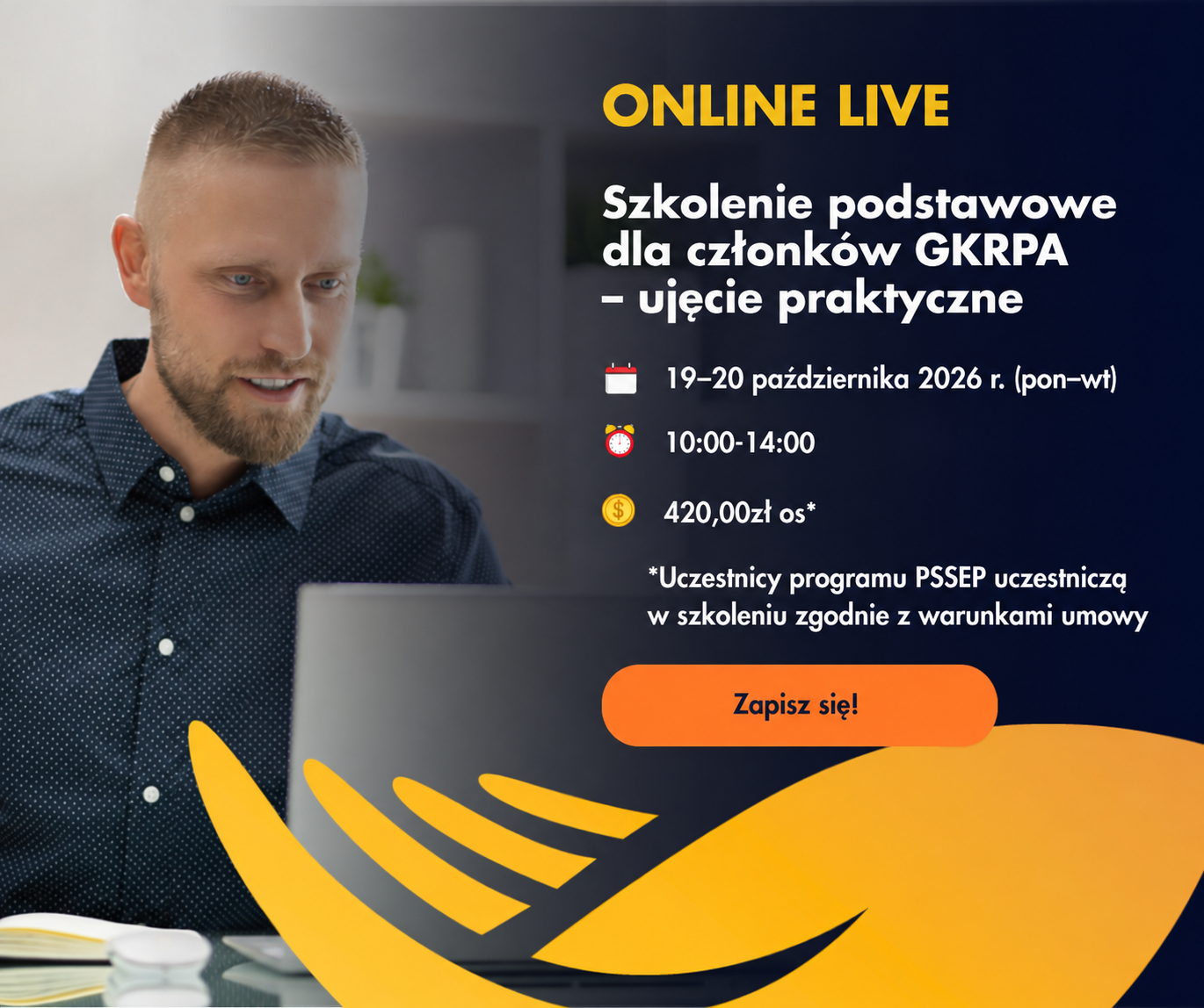 Szkolenie podstawowe dla członków GKRPA, online, 19–20 października 2026, godz. 10:00–14:00, cena 420 zł za osobę.