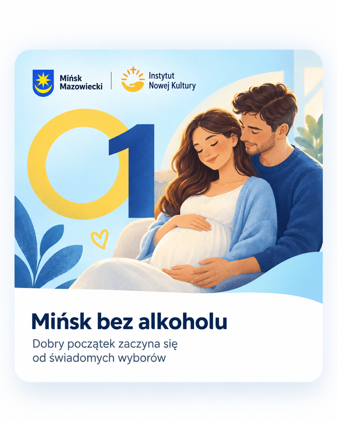 Grafika kampanii Mińsk bez alkoholu z przyszłymi rodzicami i logotypami miasta oraz Instytutu Nowej Kultury