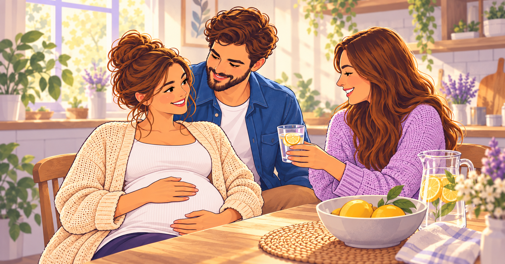 Ilustracja: partner i przyjaciółka wspierają kobietę w ciąży, proponując wodę z cytryną