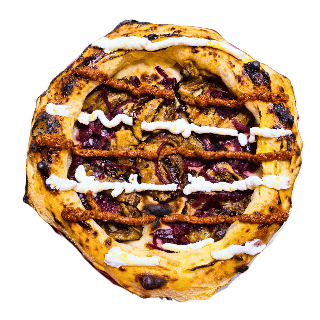 Pizza mit Tomaten, Auberginen, Knoblauch, Rosmarin und Rosenblättern:  Italienisch in Stuttgart.