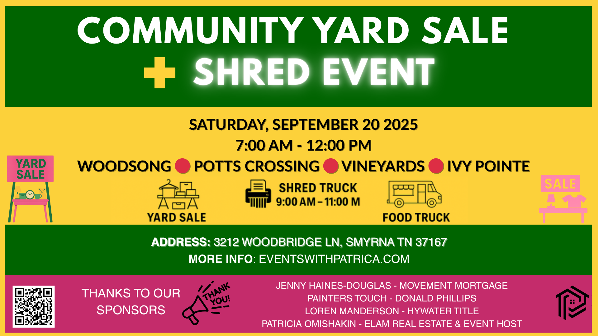 Promotional flyer for a Community Yard Sale + Shred Event in Smyrna, TN on Saturday, September 20, 2025, from 7:00 AM to 12:00 PM. Event includes free on-site document shredding from 9:00–11:00 AM, a food truck, and neighborhood sales in Woodsong, Potts Crossing, Vineyards, and Ivy Pointe. Sponsors listed at bottom.
