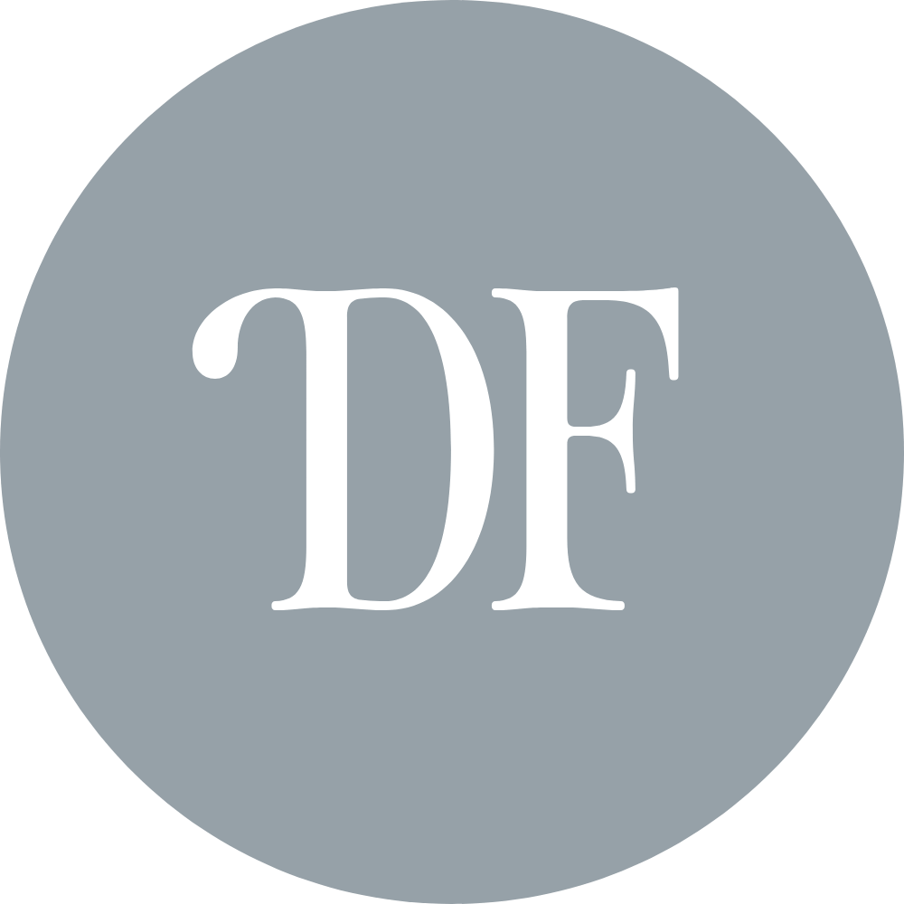 Dearly Found Studios logo in blue-grey with white monogram