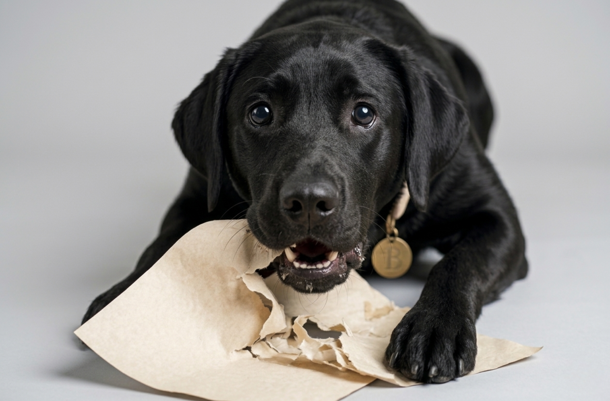 Bailey, our cute ten month old black labrador puppy is suspiciously chewing on some paper sheets